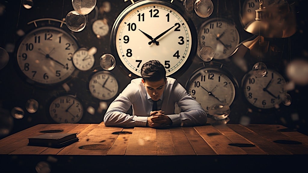 Entrepreneur mastering time management, surrounded by clocks
